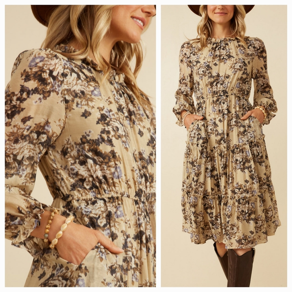 Hayden Floral Midi Dress 1XL XL Taupe Long Sleeve Tiered Boho Country Flowy - Picture 2 of 13
